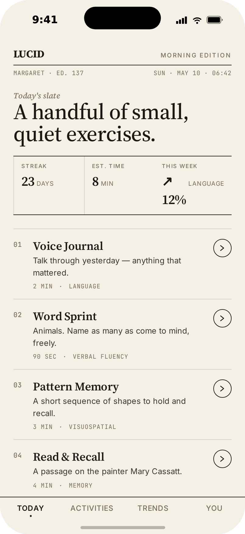 Lucid on iPhone — today's slate of brief cognitive activities